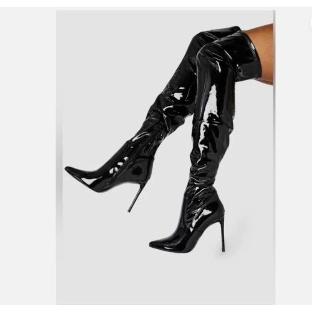 Steve Madden Viktory Patent Faux Leather Thigh High Stiletto Boots Toe Over Knee